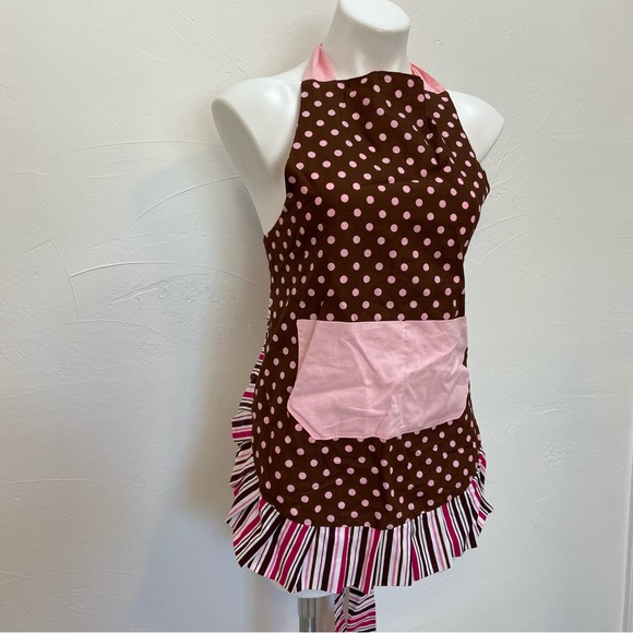 FLIRTY APRONS RETRO LOOK PINK POLKA DOT CANDY STRIPE RUFFLE APRON - Picture 3 of 16